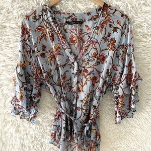 Zara women top floral v neckline button tie sz small